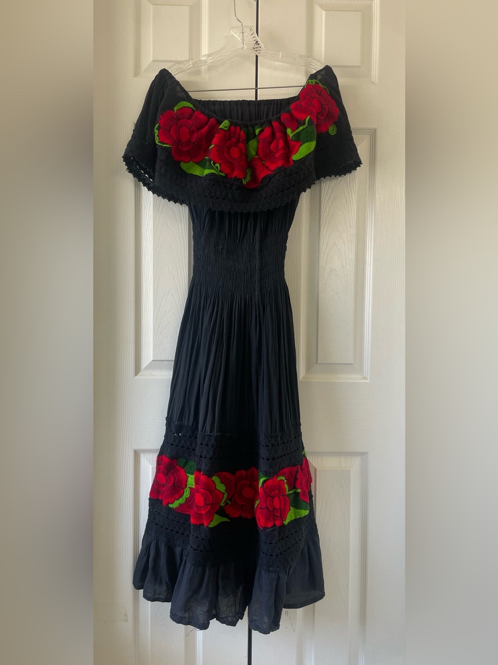 Mexican Style Floral Embroidered Off Shoulder Black Maxi Dress - Picture 2 of 9